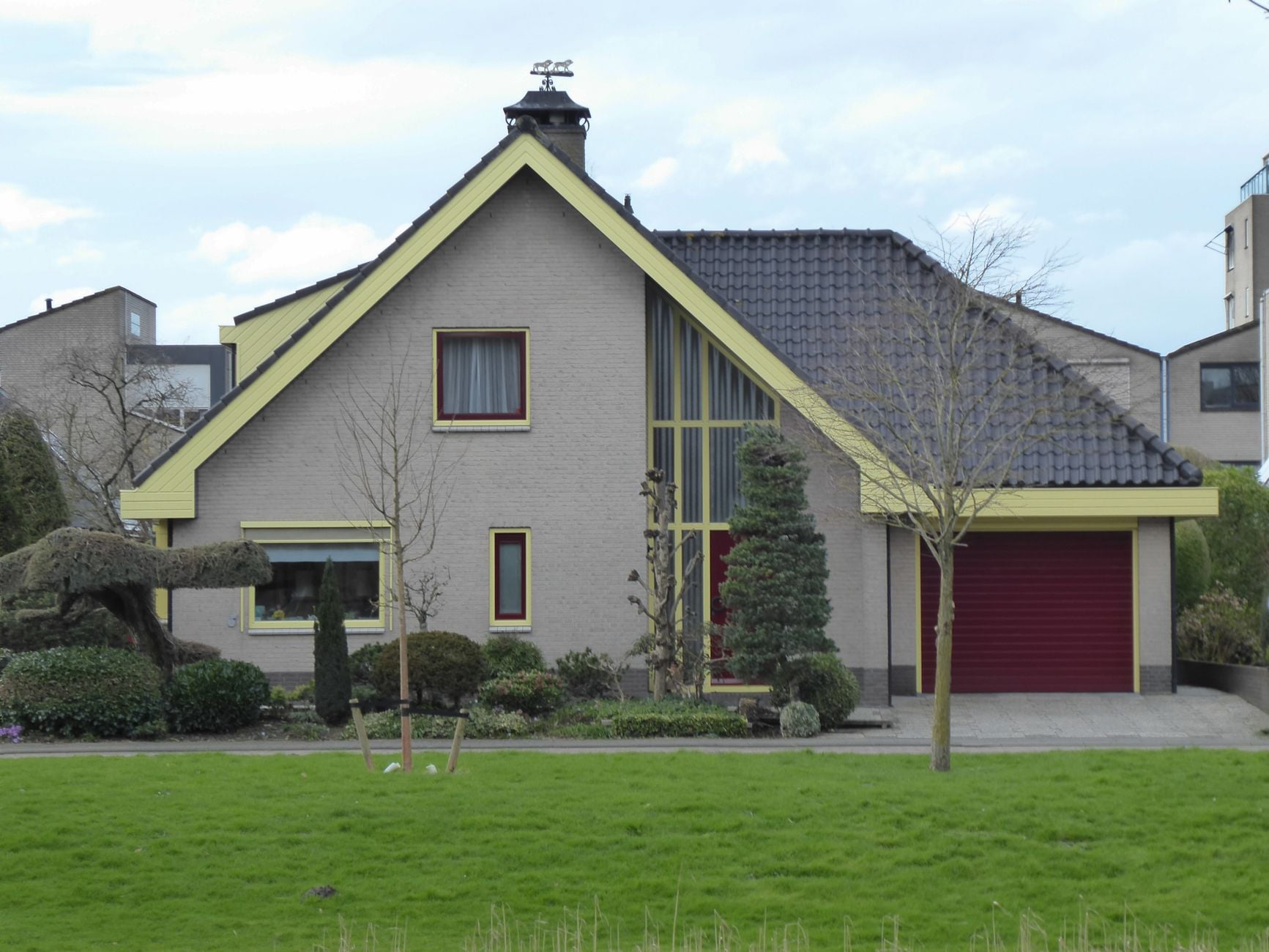 Contemporary house in suburb with vibrant yard and garage.